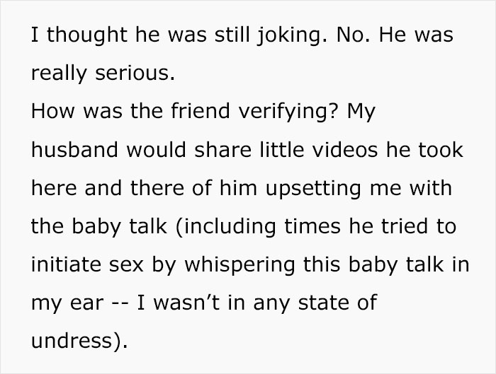 Wife Decides To Leave Husband After She Finds Out That He Kept Annoying Her With Baby Talk For Almost A Year Just To Win A Bet Wife Decides To Leave Husband After She Finds Out That He Kept Annoying Her With Baby Talk For Almost A Year Just To Win A Bet