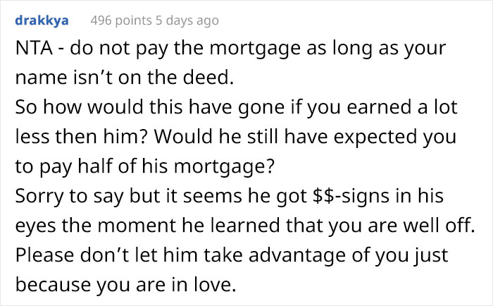 Guy Is Shocked At How Much His Girlfriend Earns, Wants Her To Pay Half Of His Mortgage After Moving In