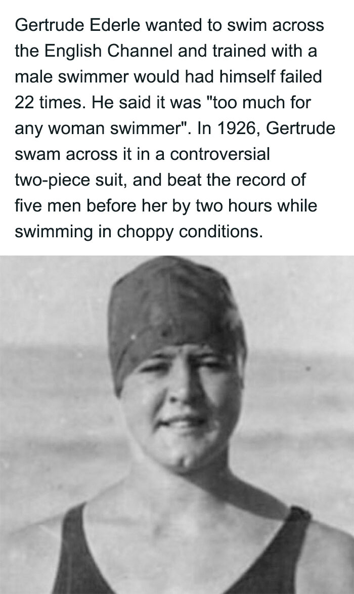 Historic photo of Gertrude Ederle swimming in 1926, featured in funniest and most accurate history memes.