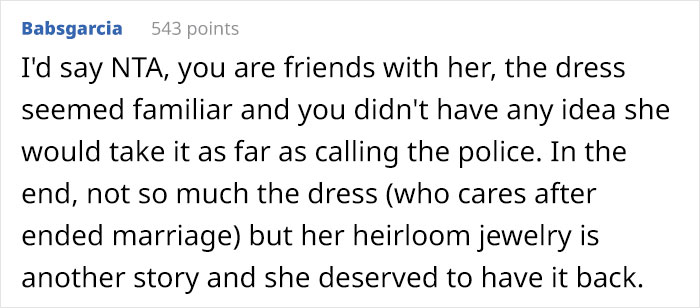 Woman Wonders If She&rsquo;s The Jerk For Causing Newlyweds To Be Taken To A Police Station After The Bride Gets Caught Wearing Her Husband&rsquo;s Ex-Wife&rsquo;s Dress