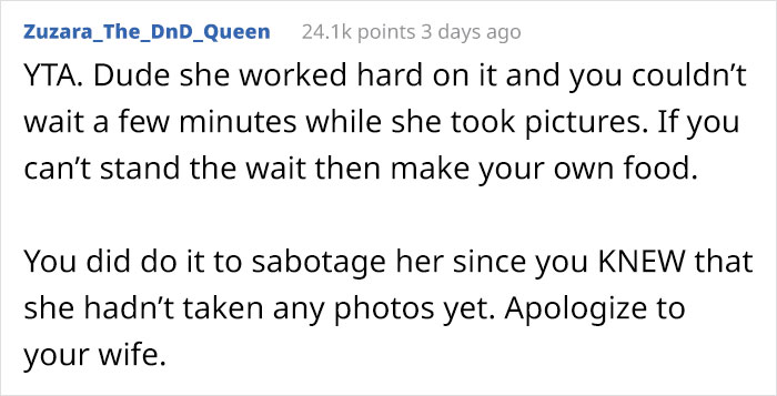 Petty Husband Annoyed That His Wife Always Takes Photos Of The Food She Makes, Ruins It To Prove A Point