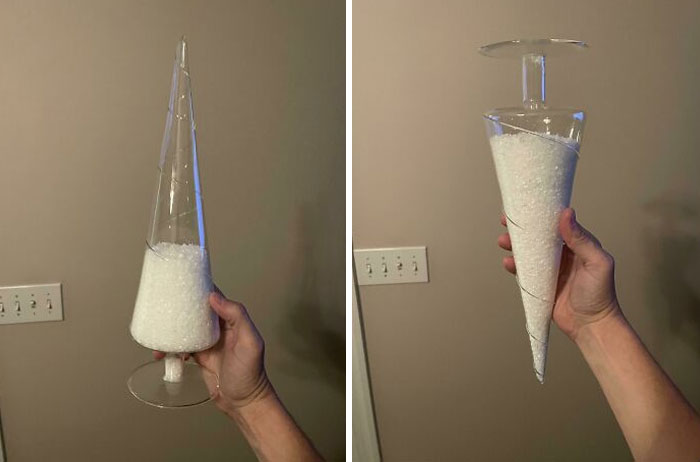 The Level Of The Snowflakes In This Sealed Decoration Shaped Like A Cone, Right-Side Up vs. Upside Down