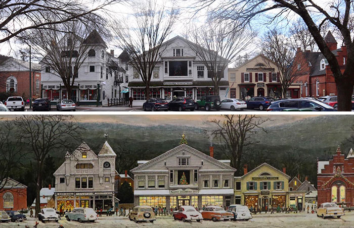 My Photo Top And Norman Rockwell’s 1967 Painting Bottom Of The Main Street In Stockbridge, Massachusetts