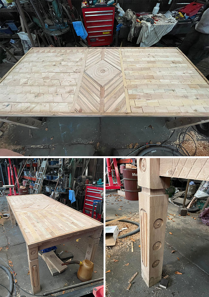 My Grandpa Made This Table All By Himself, From Scratch. He Cut Down The Trees, Made His Own Plank Saw, Cut The Planks And Blocks, Assembled And Decorated The Table