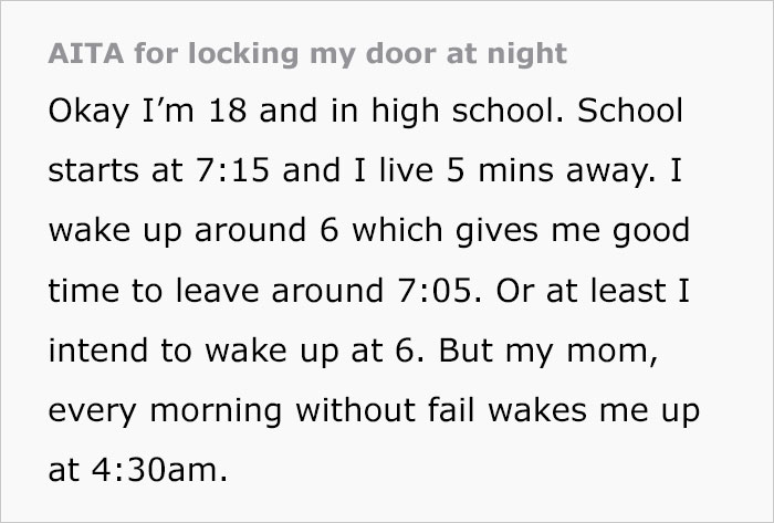 Teenager Asks &ldquo;AITA For Locking My Door At Night&rdquo; To Avoid Being Woken Up At 4:30 AM By Their Mom