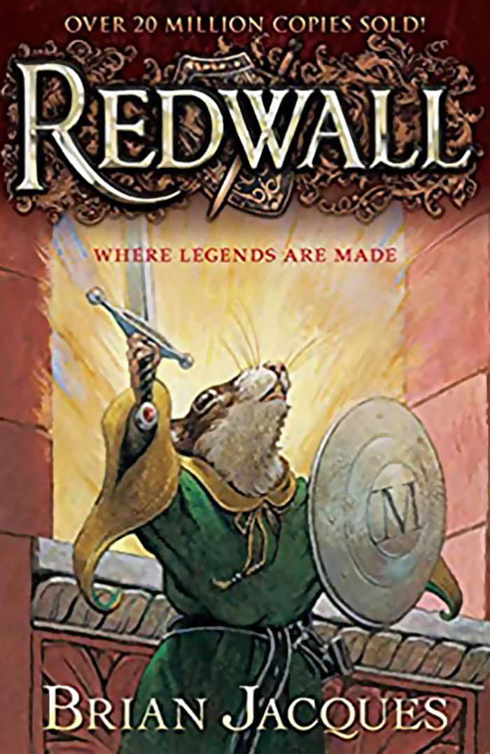 Redwall book cover showing a heroic mouse with sword and shield, a popular mind-blowing life-changing book.