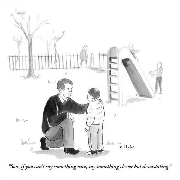 Cartoon of a father giving dark humor advice to his son at a playground with a slide in the background.