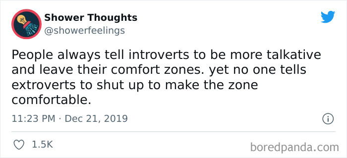 Tweet from Shower Thoughts account about introverts and extroverts, shared as part of shower thoughts that make sense online.