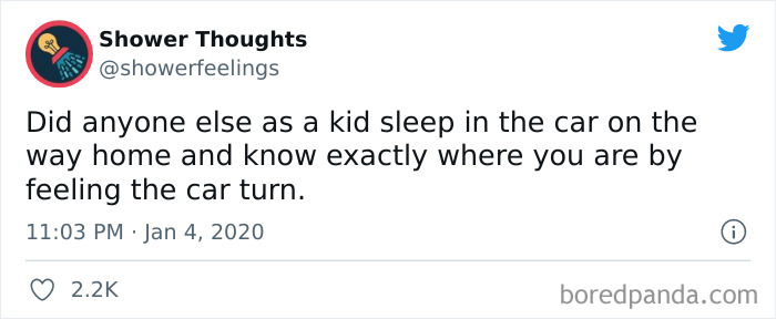 Screenshot of a tweet from Shower Thoughts sharing a relatable shower thought about childhood memories in a car.