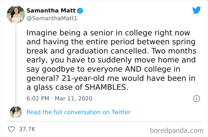 Can You Imagine. I Cried For Like 60 Days After Leaving College When It Was Actually Over...... Let’s All Take A Moment Of Silence For These Seniors. May You Still Somehow Have Senior Week!!!