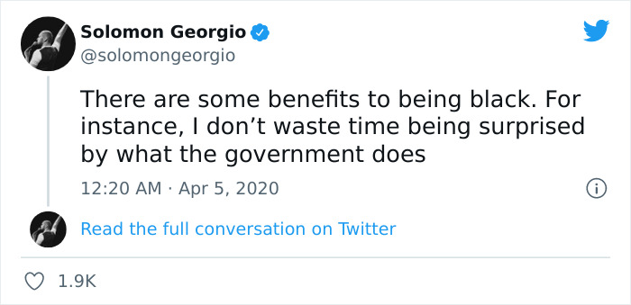 Tweet with dark humor about government actions and being less surprised, aimed at lightening up your day.