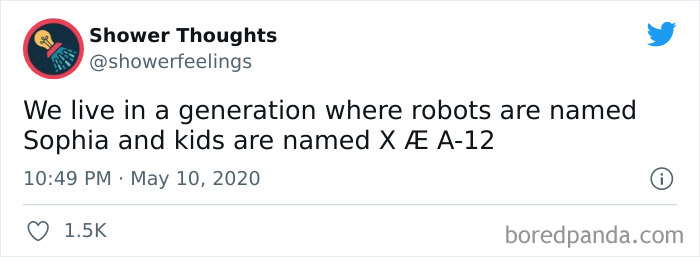 Tweet from Shower Thoughts about robots named Sophia and kids named X Æ A-12, illustrating unique shower thoughts shared online.