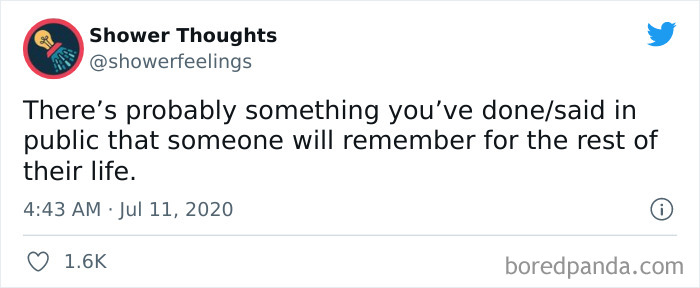 Tweet from Shower Thoughts account sharing a deep shower thought about memorable public actions, featured on an online page.