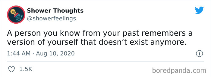 Tweet from Shower Thoughts about how a past person remembers a version of yourself that no longer exists, featuring 45 shower thoughts.