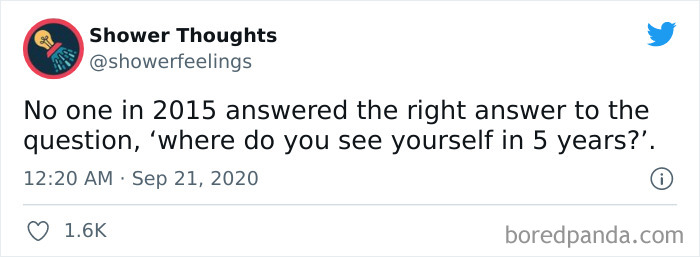 Tweet from Shower Thoughts sharing a reflective question about future self, illustrating popular shower thoughts that make a lot of sense.