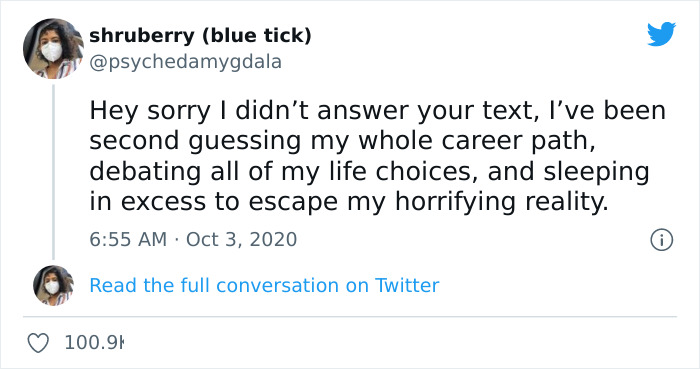 Tweet featuring dark humor about life choices and avoiding texts, posted by user with profile photo and blue tick.