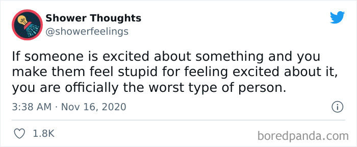 Screenshot of a thoughtful tweet from Shower Thoughts on feeling excited and empathy, part of popular shower thoughts shared online.