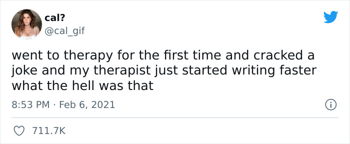 Dark humor meme about a first therapy experience and a therapist writing faster after a joke.