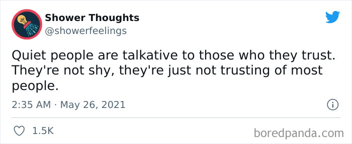 Screenshot of a tweet sharing a thoughtful shower thought about quiet people and trust from a popular online page.
