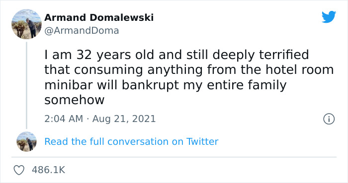 Dark humor meme about minibar fears, expressing anxiety over hotel room expenses.