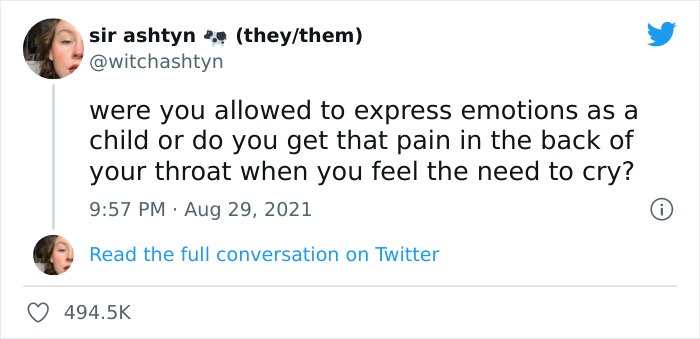 Tweet about childhood emotions, showcasing dark humor memes with a witty question on emotional expression.