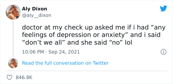 Tweet by Aly Dixon with a dark humor meme about a doctor's check-up and mental health, dated September 24, 2021.