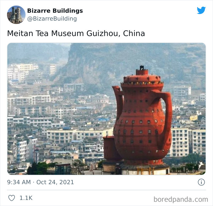 Unique and cool architecture of Meitan Tea Museum in Guizhou, China, showcasing unusual and uncomfortable building design.