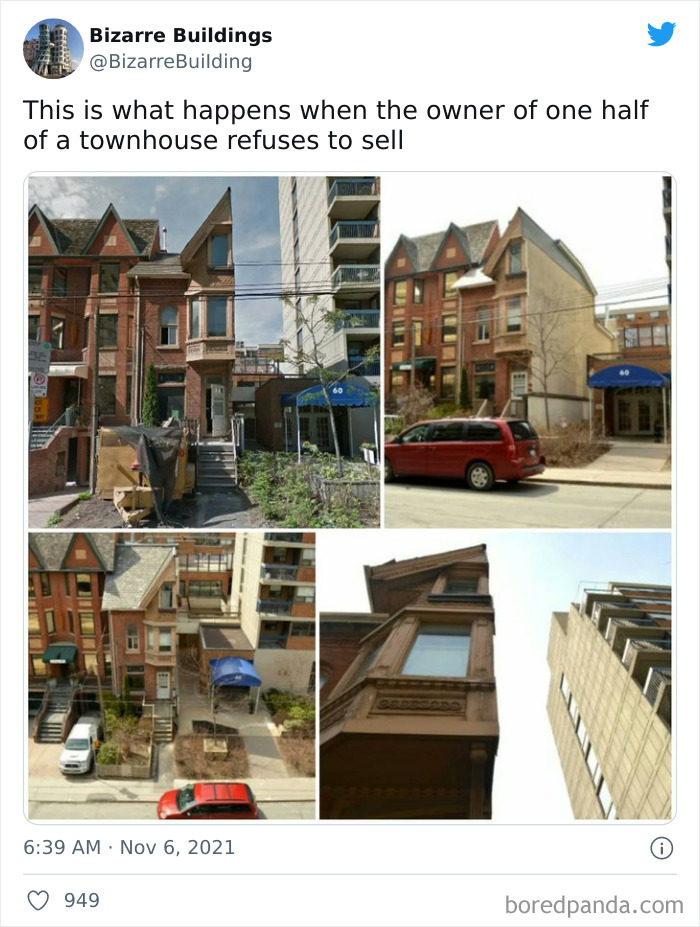 Unusual townhouse wedged awkwardly between modern buildings, showcasing unique but uncomfortable architectural design.