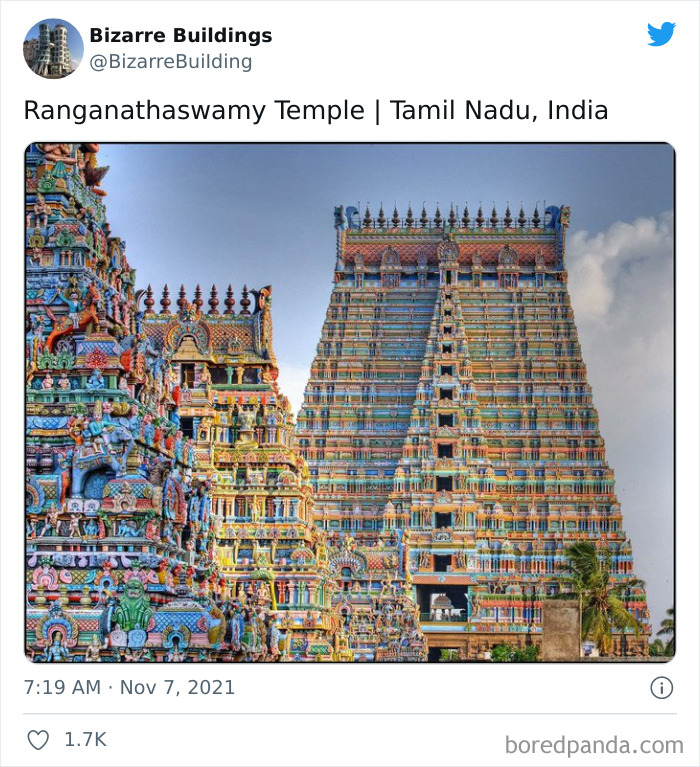 Colorful and intricate architecture of Ranganathaswamy Temple in Tamil Nadu, showcasing unique buildings that look cool but may be uncomfortable.