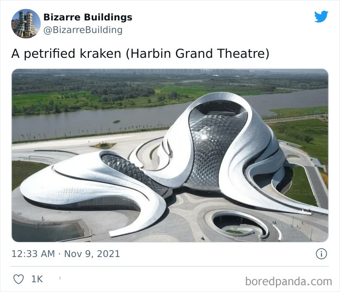Harbin Grand Theatre’s unique and cool architecture resembles a petrified kraken but may be uncomfortable to use.