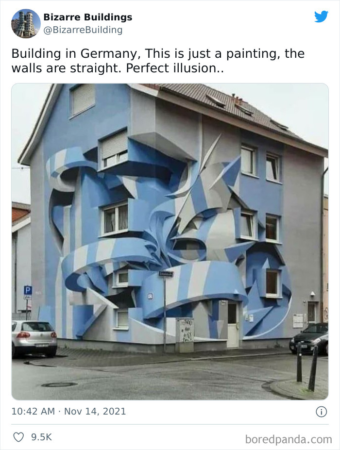 Building in Germany with a unique and cool architectural illusion, demonstrating creative but potentially uncomfortable design.