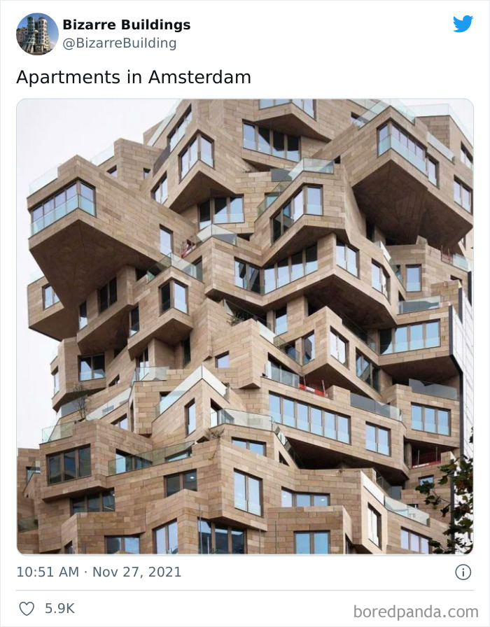 Unique and cool architectural building in Amsterdam with unconventional design that may be uncomfortable to live in or use.
