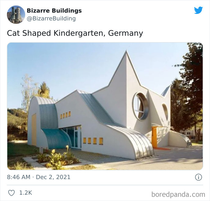 Unique and cool architect-designed cat shaped building in Germany with unusual features that may be uncomfortable to use.