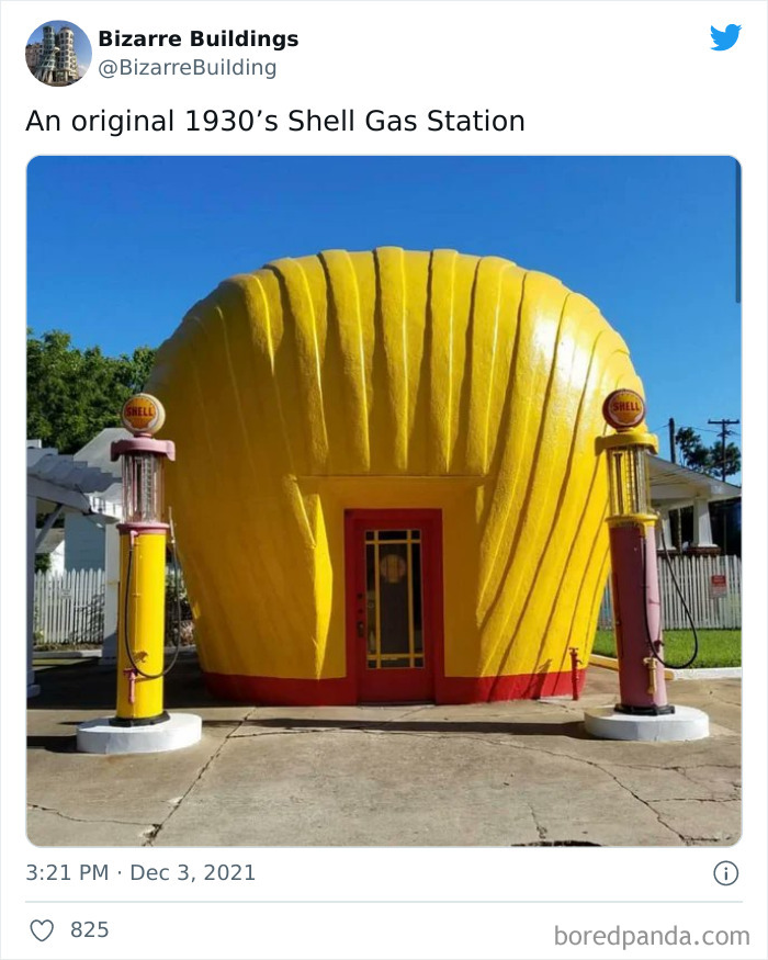 Bright yellow shell-shaped gas station from the 1930s, showcasing unique and cool but potentially uncomfortable architectural design.