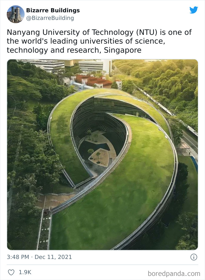 Unique and cool architectural design of Nanyang University building with green rooftop, reflecting uncomfortable use challenges.