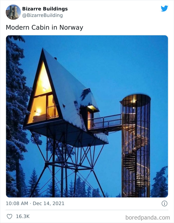 A unique modern cabin in Norway elevated on stilts with a spiral staircase tower, showcasing unusual but uncomfortable architecture.