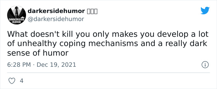 Tweet by darkersidehumor with text about coping mechanisms and dark humor.