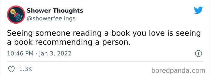 Tweet from Shower Thoughts sharing a relatable shower thought about books and personal connections, from a popular online page.