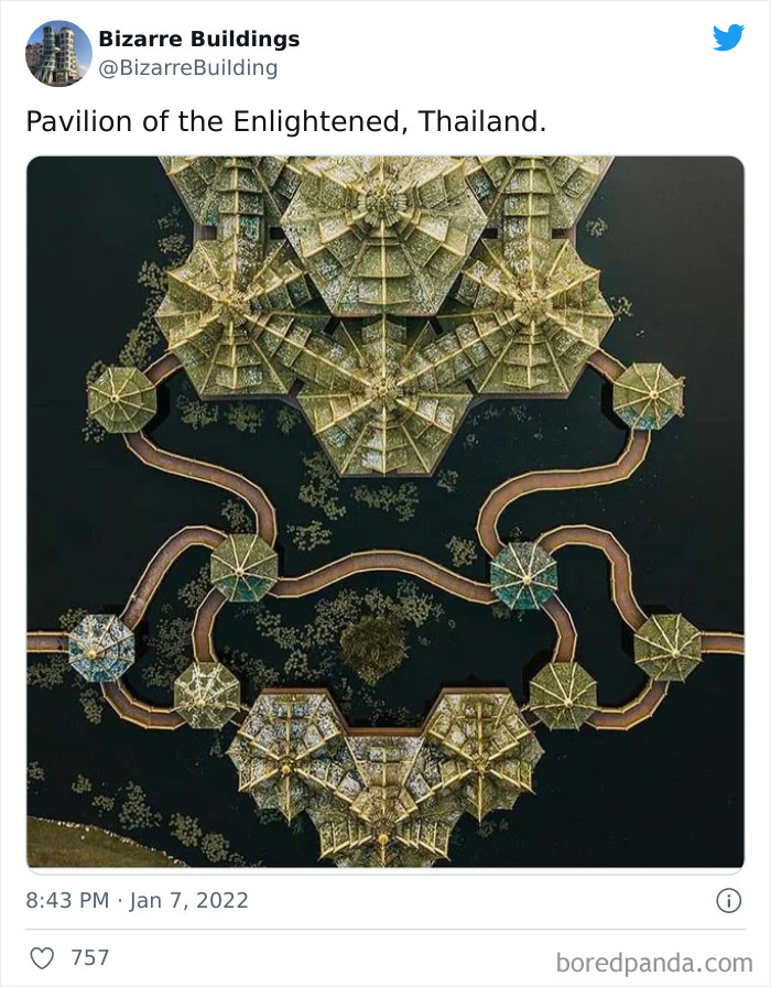 Aerial view of Pavilion of the Enlightened in Thailand, showcasing unique and cool architecture that may be uncomfortable to use.