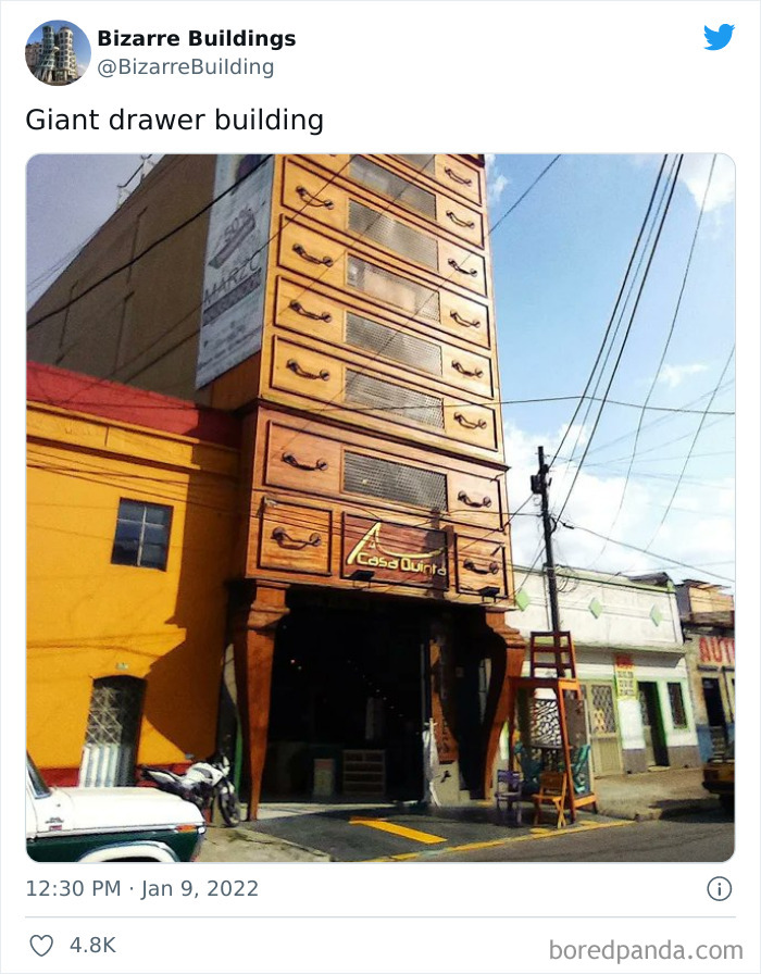 Building designed like a giant wooden drawer, showcasing unique architecture that looks cool but may be uncomfortable to use.