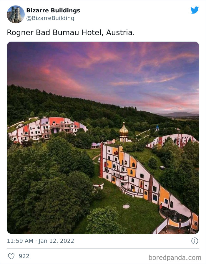 Unusual architectural design of Rogner Bad Blumau Hotel in Austria surrounded by greenery, showcasing unique and cool buildings.