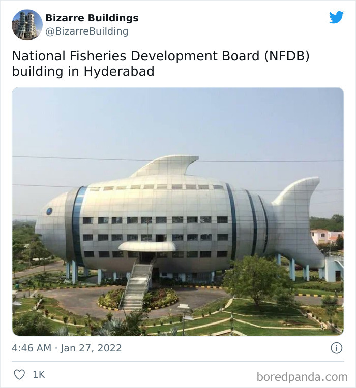 Unique fish-shaped building of National Fisheries Development Board in Hyderabad, an example of cool but uncomfortable architecture.