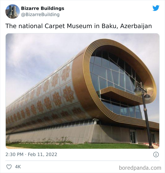 Unique and cool architectural design of the national Carpet Museum in Baku, showcasing unconventional and uncomfortable building features.