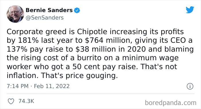 Bernie Sanders Calls Out Chipotle Which Keeps Increasing Prices Citing Cost Increases In Labor ($0.50 Pay Increase?!), Freight, And Food Costs When It’s Profits And CEO Pay That Have Gone Way Up