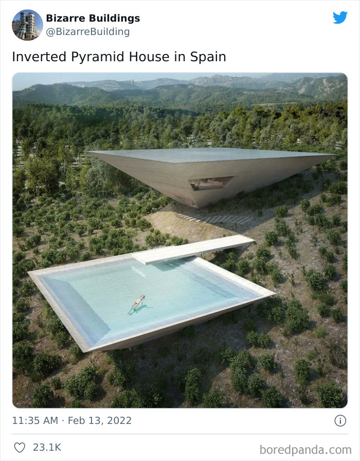 Inverted pyramid house with unique architecture and modern pool in a forest, showcasing cool but uncomfortable building design.