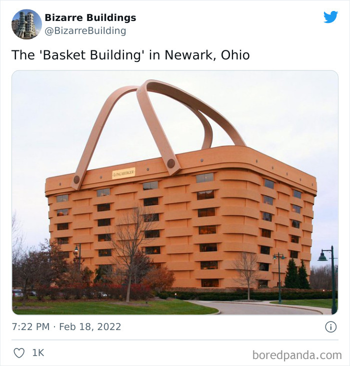 Basket-shaped building in Newark, Ohio, illustrating unique and cool architecture that may be uncomfortable to live in or use.