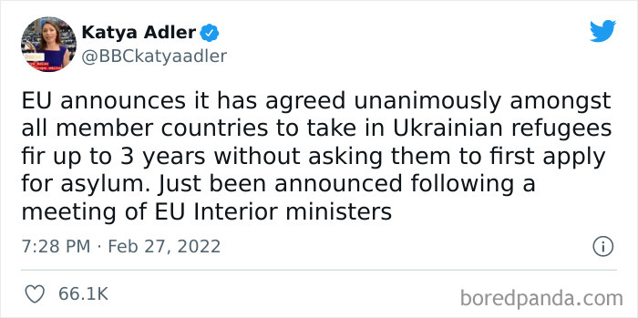 EU Announces It Has Agreed Unanimously Amongst All Member Countries To Take In Ukrainian Refugees Fir Up To 3 Years Without Asking Them To First Apply For Asylum