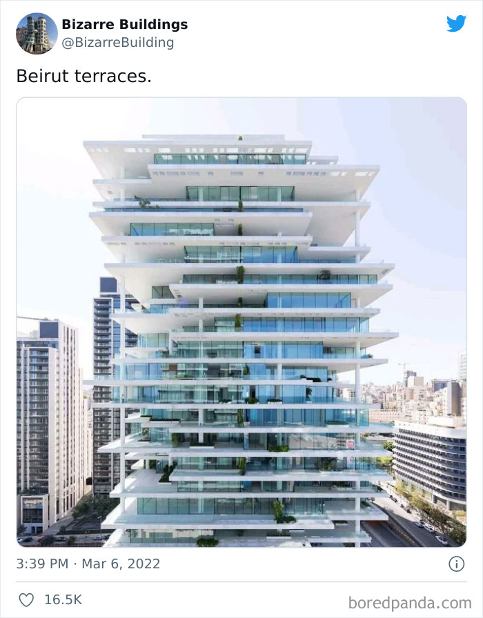 Modern building in Beirut with large glass terraces, showcasing unique and cool architectural design but potentially uncomfortable to live in.
