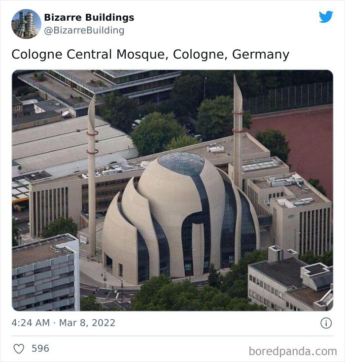 Unique and cool architectural design of Cologne Central Mosque in Germany, showcasing unusual shapes but possibly uncomfortable to use.