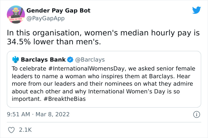 16 Companies That Posted A Celebratory Tweet For Women’s Day And Got Roasted By This Gender Pay Gap Bot 16 Companies That Posted A Celebratory Tweet For Women’s Day And Got Roasted By This Gender Pay Gap Bot